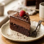 Decadent dark chocolate truffle mousse cake topped with chocolate shavings