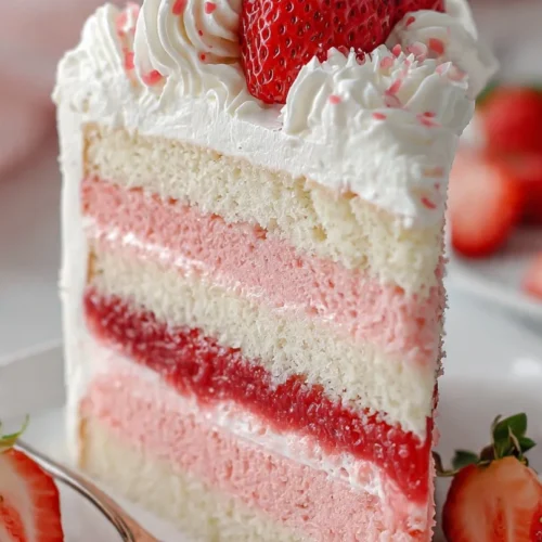 A delicious slice of Jello Poke Cake topped with whipped cream and fruit.