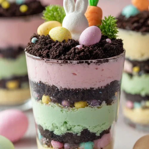 Colorful Easter Dirt Cups topped with gummy worms and chocolate crumbs