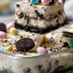 Easter-themed Dirt Cake with chocolate layers and festive decorations