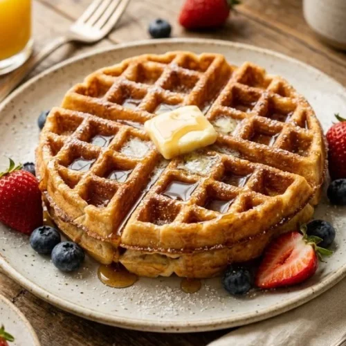 Crispy and fluffy Belgian waffles served with syrup and berries