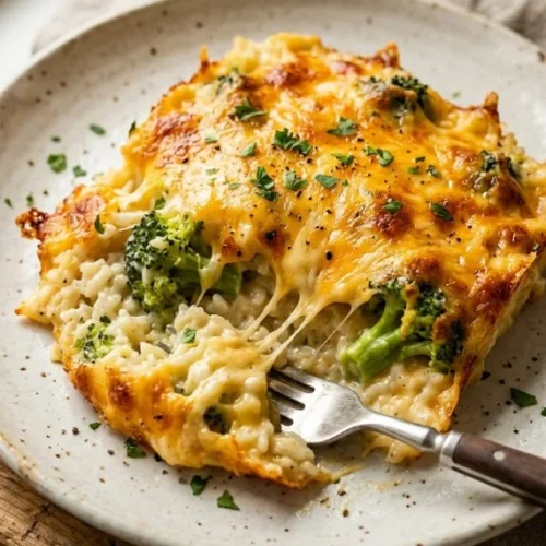Easy cheesy broccoli rice casserole dish with cheese and broccoli on top.