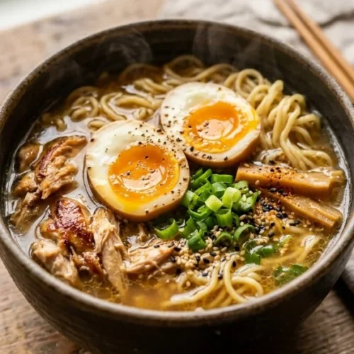 Delicious homemade chicken ramen in a cozy bowl with fresh ingredients