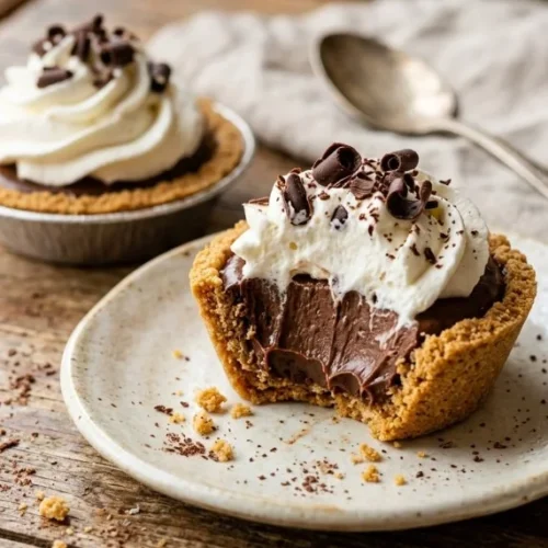 Delicious chocolate mini pies garnished with whipped cream and chocolate shavings