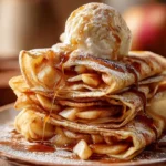Plate of easy cinnamon apple crepes filled with spiced apples and drizzled with syrup