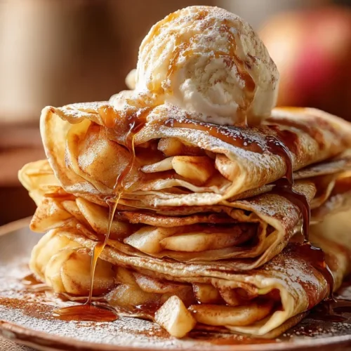 Plate of easy cinnamon apple crepes filled with spiced apples and drizzled with syrup