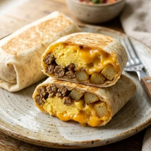 Easy freezer breakfast burritos packed with eggs, cheese, and veggies.