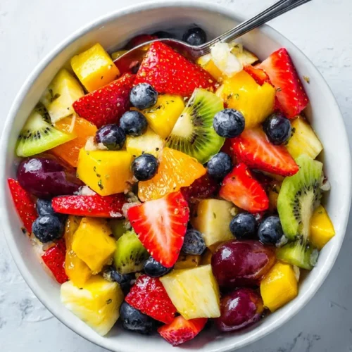 Colorful easy fruit salad with a variety of fresh fruits in a bowl