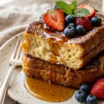 Delicious Easy Hawaiian Roll French Toast topped with syrup and berries