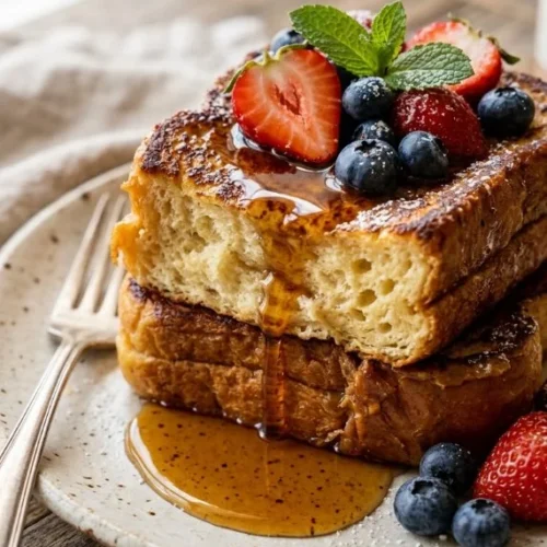 Delicious Easy Hawaiian Roll French Toast topped with syrup and berries