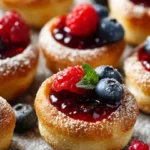 Delicious mini Dutch baby pancakes stacked on a plate with powdered sugar and fruits