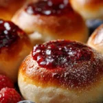 Plate of easy mini Dutch baby pancakes topped with fruit and powdered sugar.