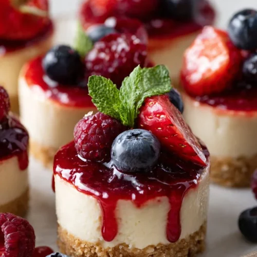 Easy no bake cheesecake bites served on a platter with fresh berries