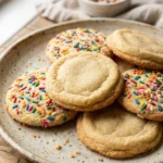 Plate of freshly baked easy sugar cookies decorated with sprinkles