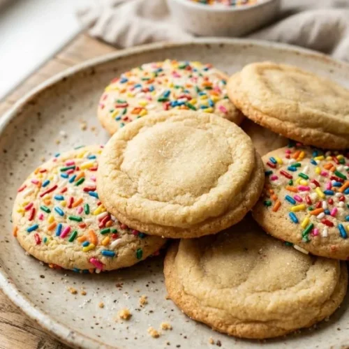 Plate of freshly baked easy sugar cookies decorated with sprinkles