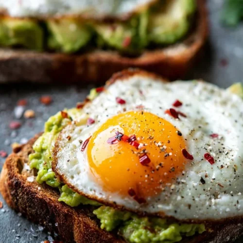 Delicious egg on avocado toast topped with herbs and spices for breakfast