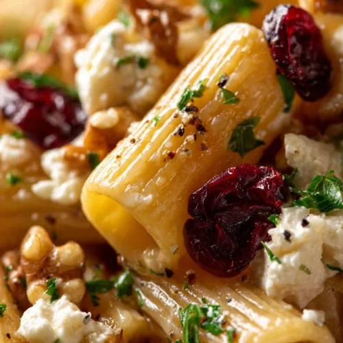 Feta and cranberry rigatoni salad with vibrant vegetables and dressing