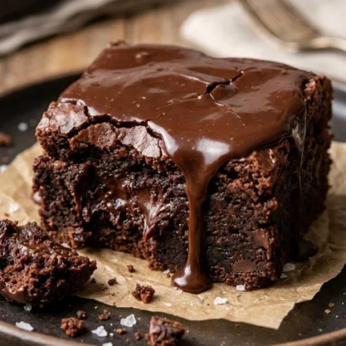 Fudgy brownies topped with glossy chocolate ganache on a plate