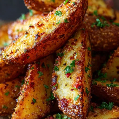 Crispy Garlic Parmesan Potato Wedges served on a plate