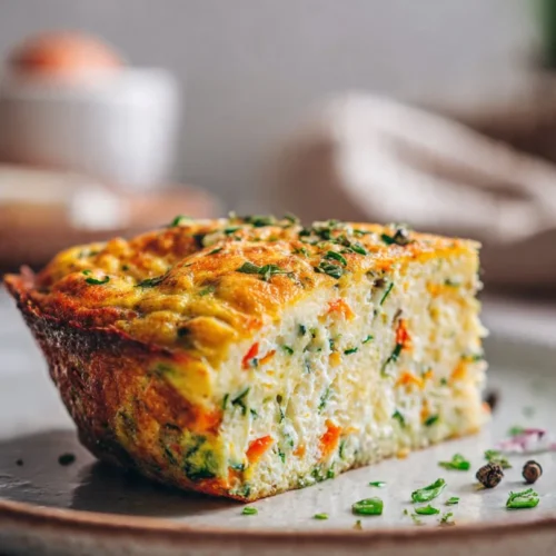 Gluten-free baked frittata with colorful vegetables and herbs