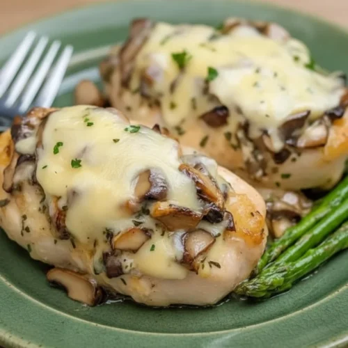 Gouda and Mushroom Stuffed Chicken on a plate garnished with herbs