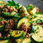Ground turkey and zucchini skillet dish served in a frying pan