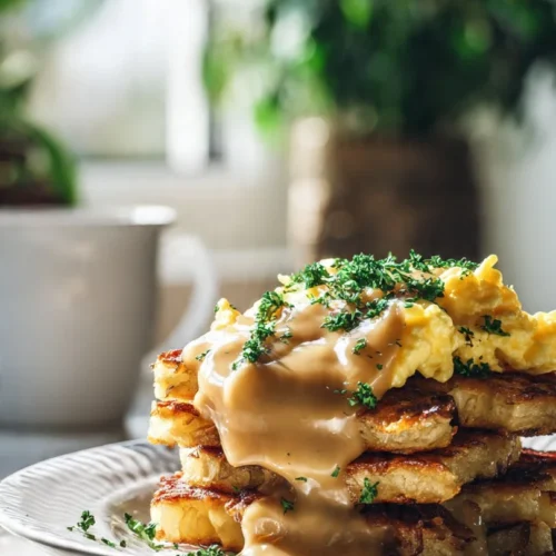Delicious hash browns breakfast stacks layered with toppings