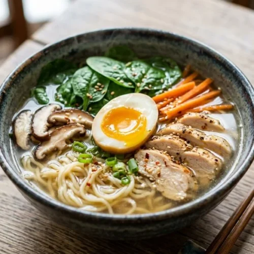 Bowl of healthy ramen with fresh vegetables and lean protein