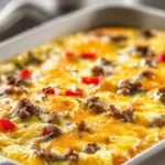 Delicious homemade breakfast casserole with eggs and vegetables ready to serve