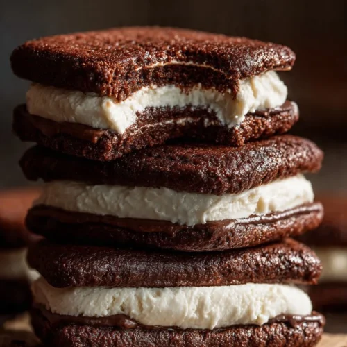 Delicious homemade chocolate ice cream sandwiches with creamy filling