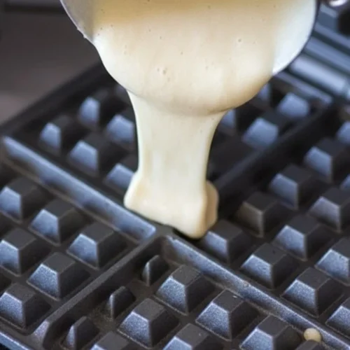 Delicious homemade crispy waffles served with syrup and berries.