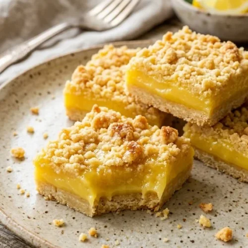 Homemade lemon crumb bars on a plate with a lemon garnish