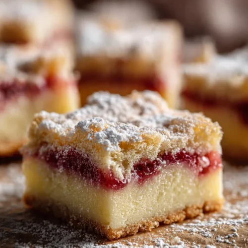 Freshly baked homemade lemon rhubarb bars with a bright yellow topping