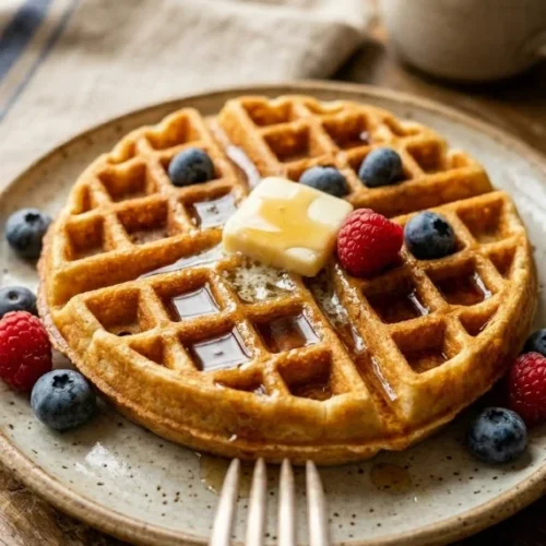 Delicious homemade waffles served with syrup and berries