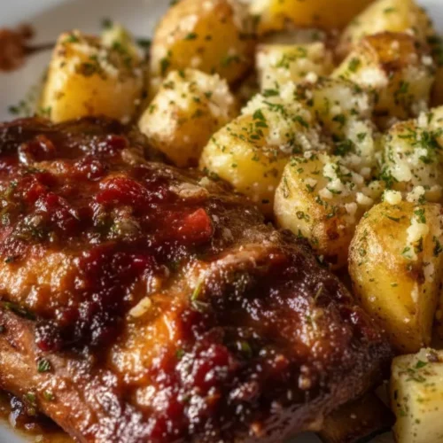 Honey BBQ chicken served with garlic parmesan potatoes on a plate
