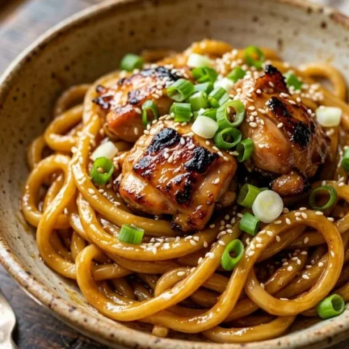 Honey Garlic Chicken Skillet Noodles served in a bowl