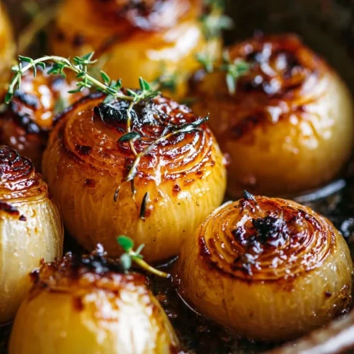 Honey-glazed shallots with crispy bacon served on a plate