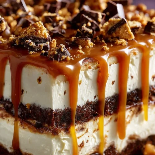 Delicious ice cream sandwich cake with chocolate and vanilla layers and toppings.
