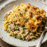 Ina Garten's tuna noodle casserole served in a dish with a golden brown topping