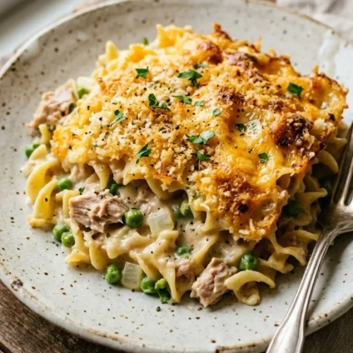 Ina Garten's tuna noodle casserole served in a dish with a golden brown topping
