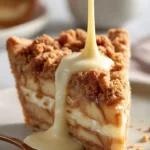 Slice of Irish Apple Cake topped with custard and oat streusel on a plate.