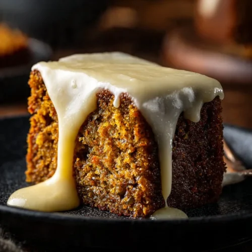 Irish Apple Cake topped with creamy custard sauce served on a plate