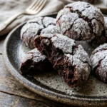 Plate of vintage chocolate crinkle cookies dusted with powdered sugar