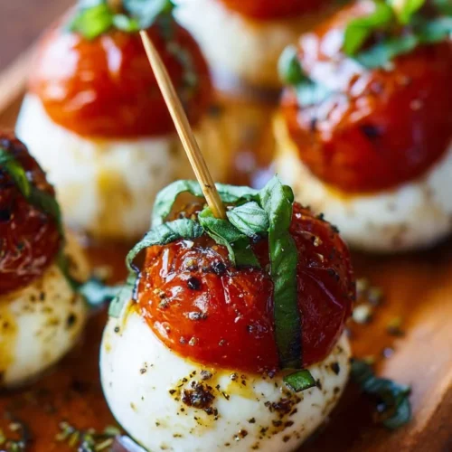 Plate of mini Caprese bites with mozzarella, cherry tomatoes, and fresh basil