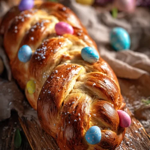 Delicious Italian Easter Bread decorated with colorful eggs and icing.