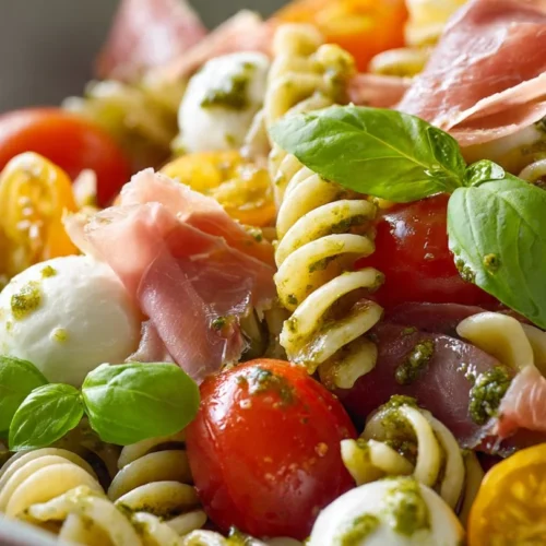 Italian Pasta Salad with vegetables and dressing in a colorful bowl