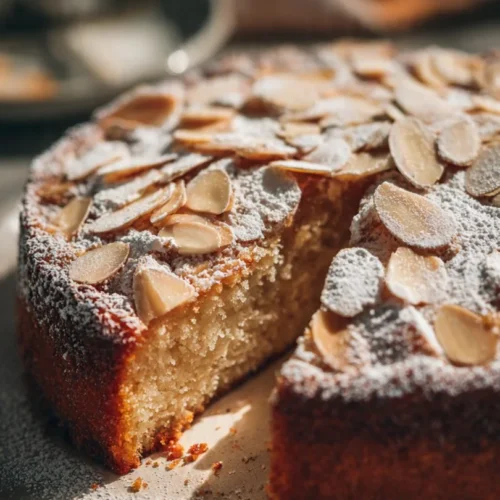 Slice of Italian Ricotta Almond Tart with almonds on top