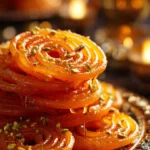 Golden, spiraled Jalebi dessert served on a plate, showcasing its crispy texture.