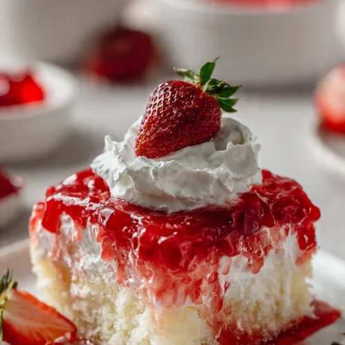 A delicious slice of Jello Poke Cake topped with whipped cream and colorful jello layers