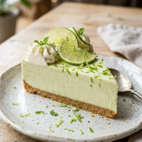 No-bake Key Lime Cheesecake topped with lime zest and chill for a refreshing dessert.
